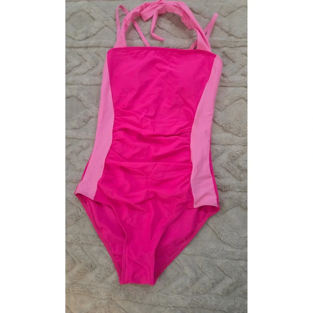 Donwen Girls Hot Pink Ruched One Piece Swimsuit Halter Neck Size 13-14Y NEW